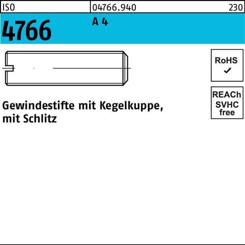 Gewindestift ISO 4766 Kegelkuppe/Schlitz M4x 10 A 4 50 Stück