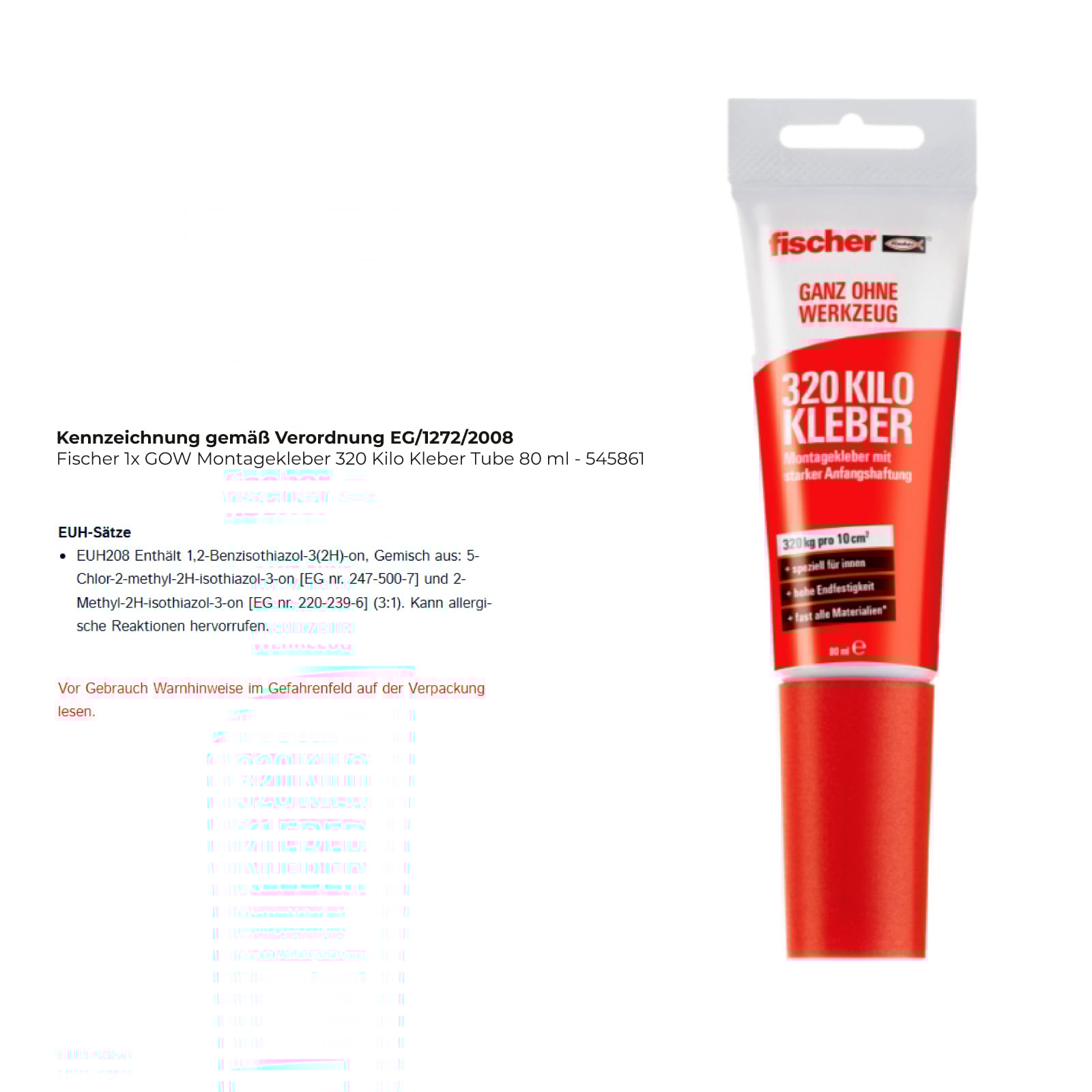 Fischer 1x GOW Montagekleber 320 Kilo Kleber Tube 80 ml - 545861