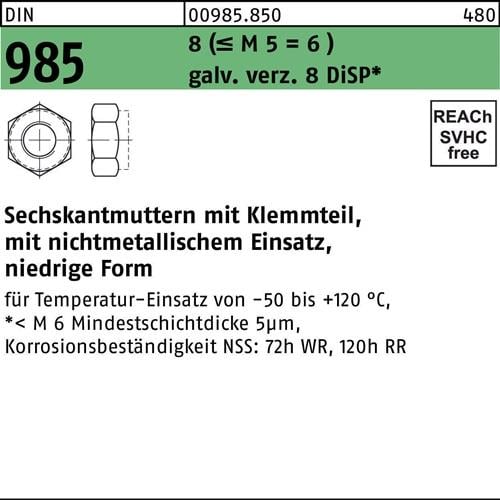 Sechskantmutter DIN 985 Klemmteil M12 8 (=M5 = 6 ) galv.verz. 8 DiSP 250St.