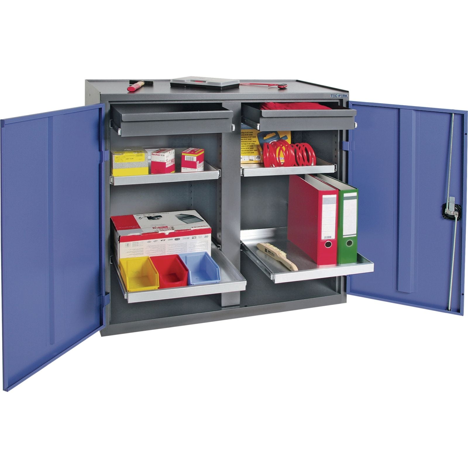 Werkzeug-/Beistellschrank H1000xB1000xT500mm 2Schubl.,4Bd.anthrazit/blau TECWERK