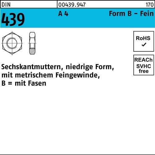 Sechskantmutter DIN 439/ISO 4035 FormB BM 12x 1,25 A 4 50 Stück