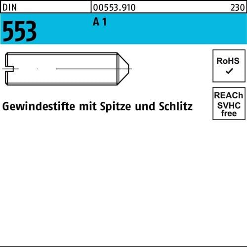 Gewindestift DIN 553 Schlitz/Spitze M5x 8 A1/1.4305 50 Stück