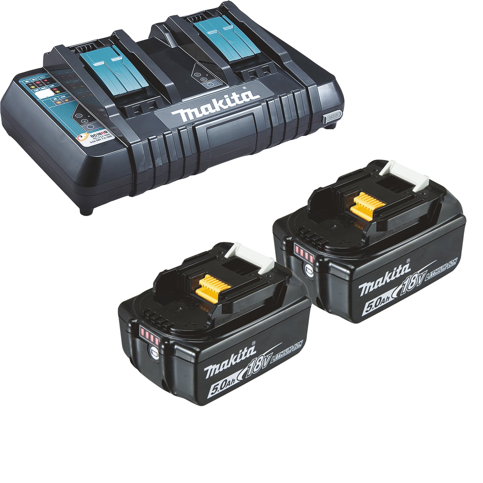 Makita 2x BL1850B Akku 5,0 Ah 18V Li-Ion + DC18RD Doppelschnellladegerät - DC18RD-BL1850-2x