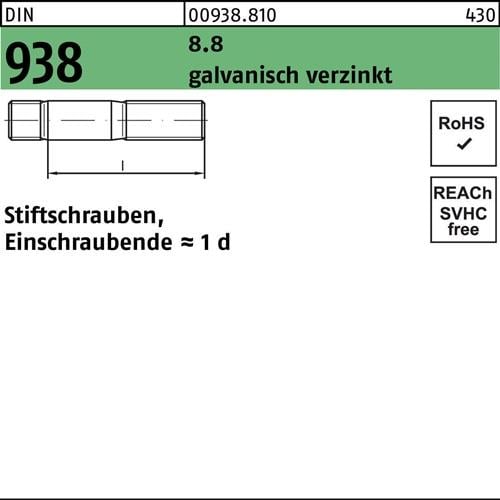 Stiftschraube DIN 938 M8x 20 8.8 galv.verz. 50 Stück