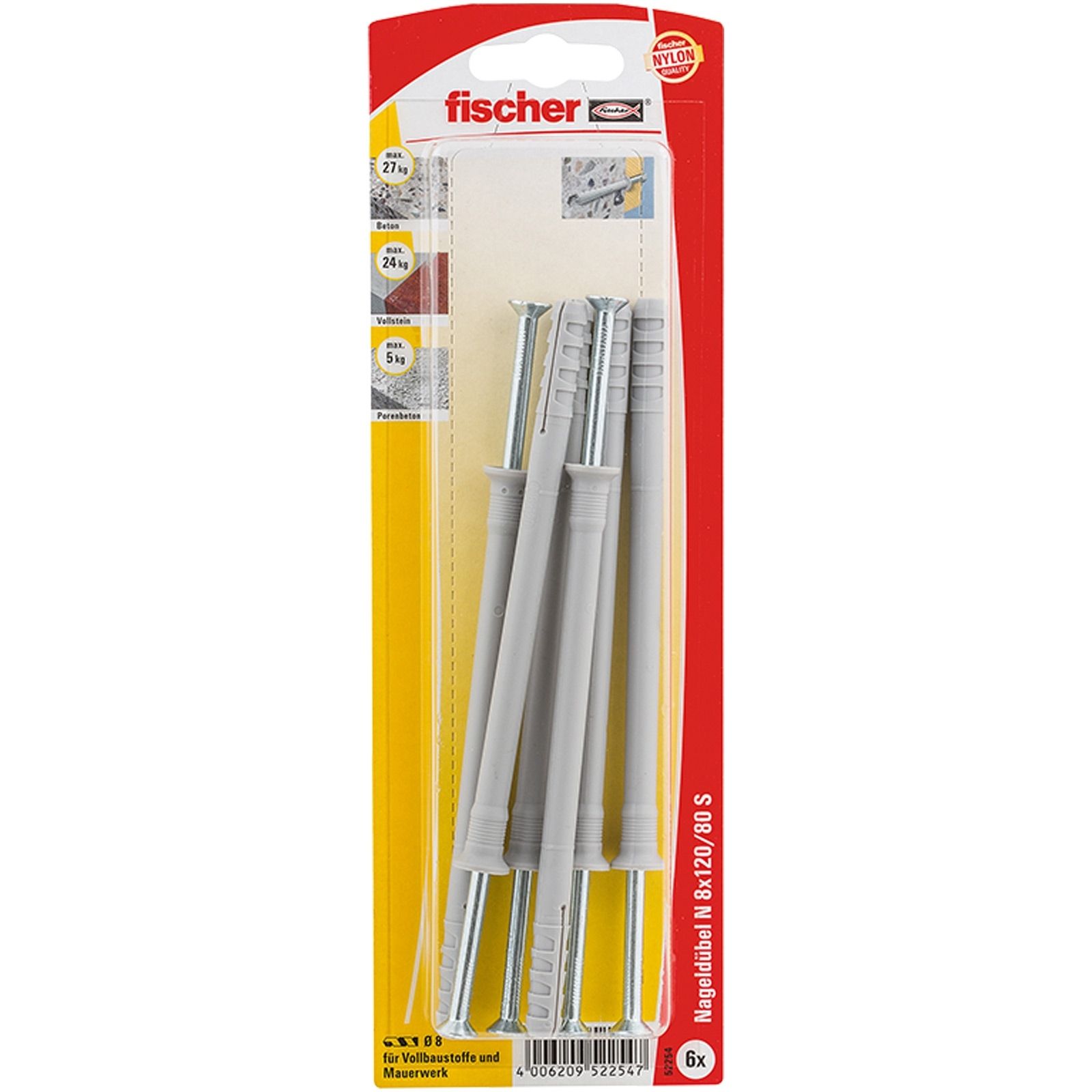 Fischer 6x Nageldübel N 8x120/80 S mit Schraube - 52254