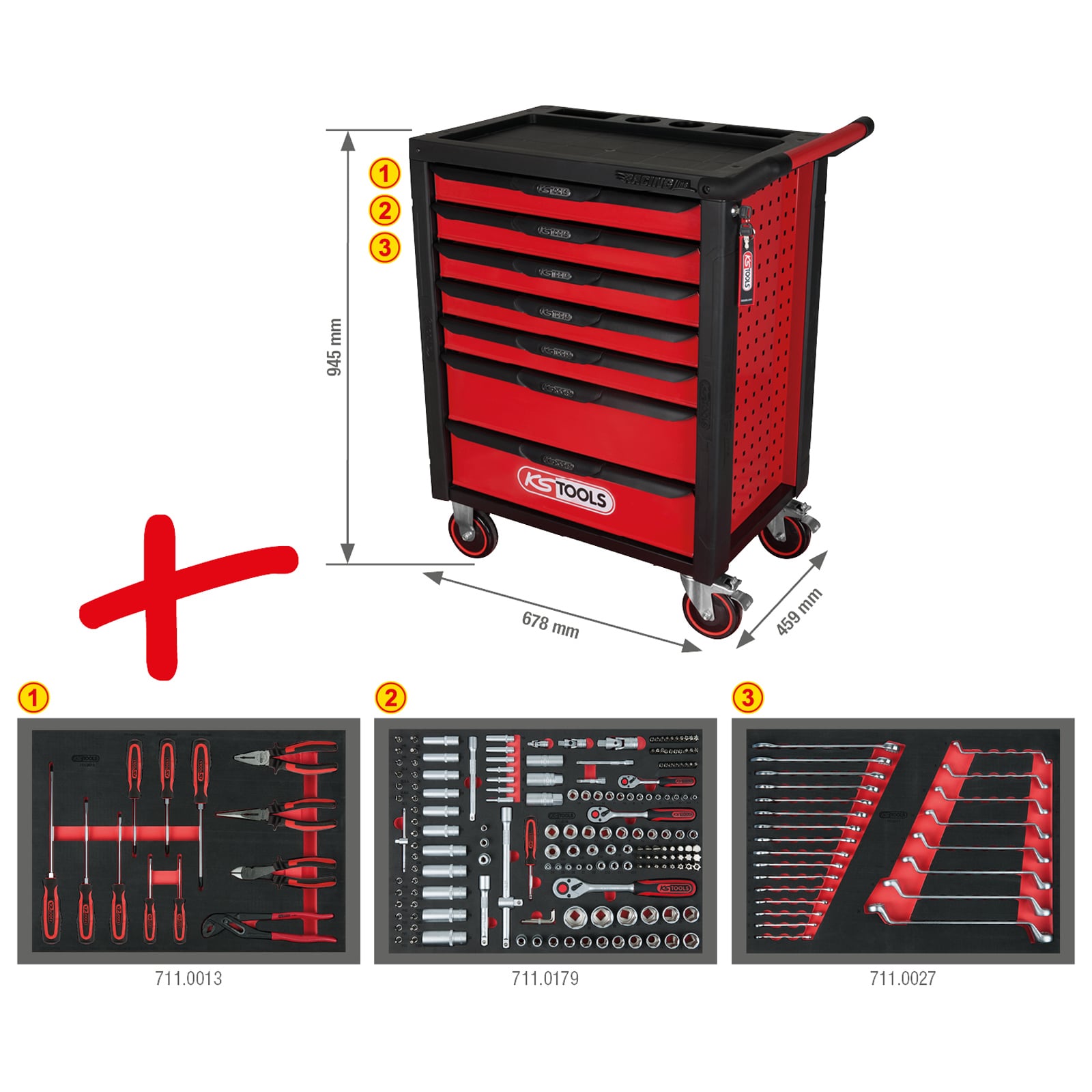 KS TOOLS Racingline schwarz/rot Werkstattwagen mit 7 Schubladen und 215 Premium-Werkzeugen - 826.7215