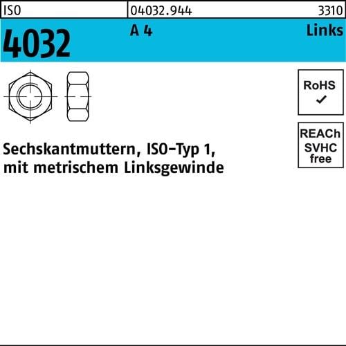 Sechskantmutter ISO 4032 links M18 A 4 - 70 25 Stück