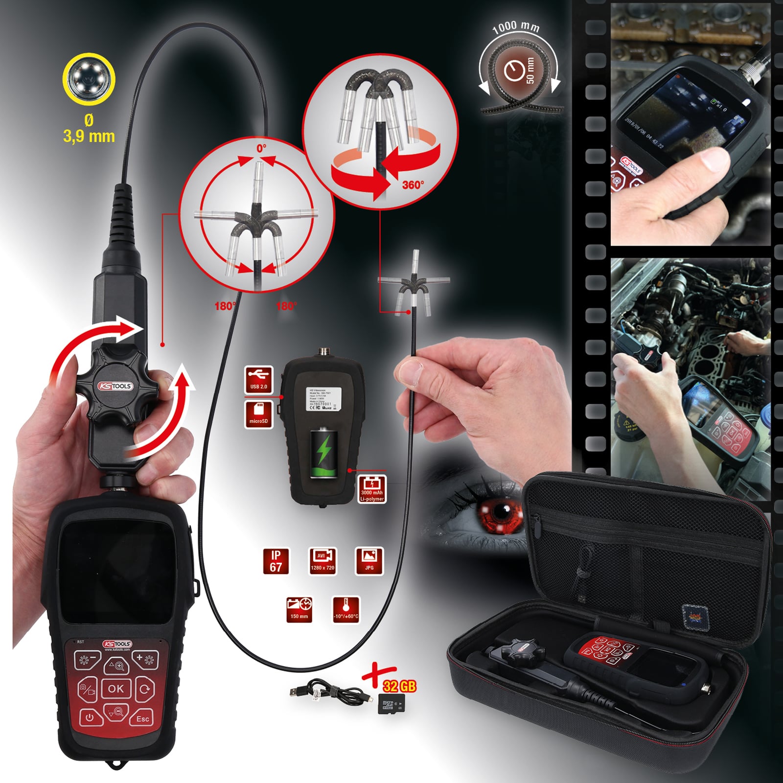 KS TOOLS HD-Videoskop-Satz mit Ø 3,9 mm 180° und 0° HD Frontkamera-Sonde flexible PVC Hülle 3tlg. - 550.7550