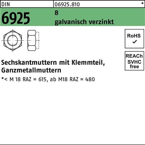 Sechskantmutter DIN 6925 Klemmteil M4 8 galv.verz. 100 Stück