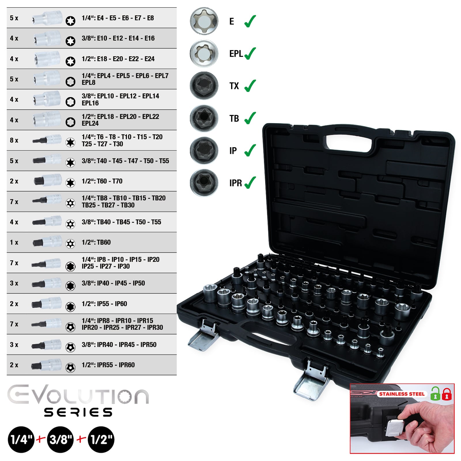 KS TOOLS 1/4"+3/8"+1/2" Torx-Steckschlüssel-Satz 77tlg. - 911.0077