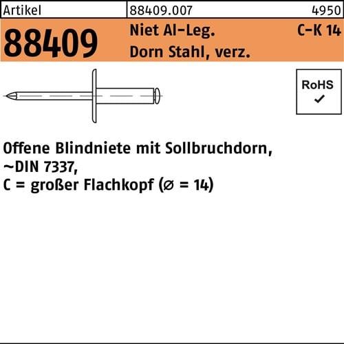 Blindniete R 88409 großer FLAKO 5x20 D.14mm Niet Alu/Dorn Stahl verz. 250St.