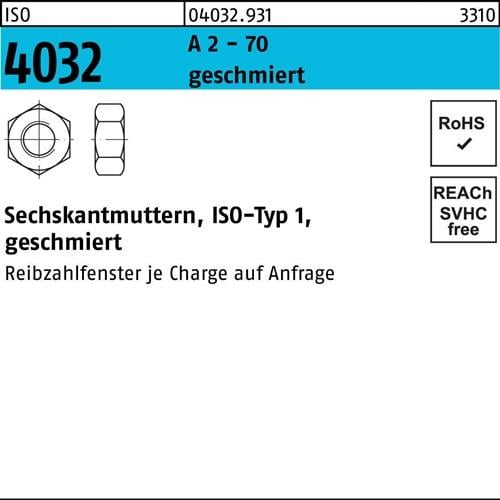 Sechskantmutter ISO 4032 M8 A 2 - 70 geschmiert 500 Stück