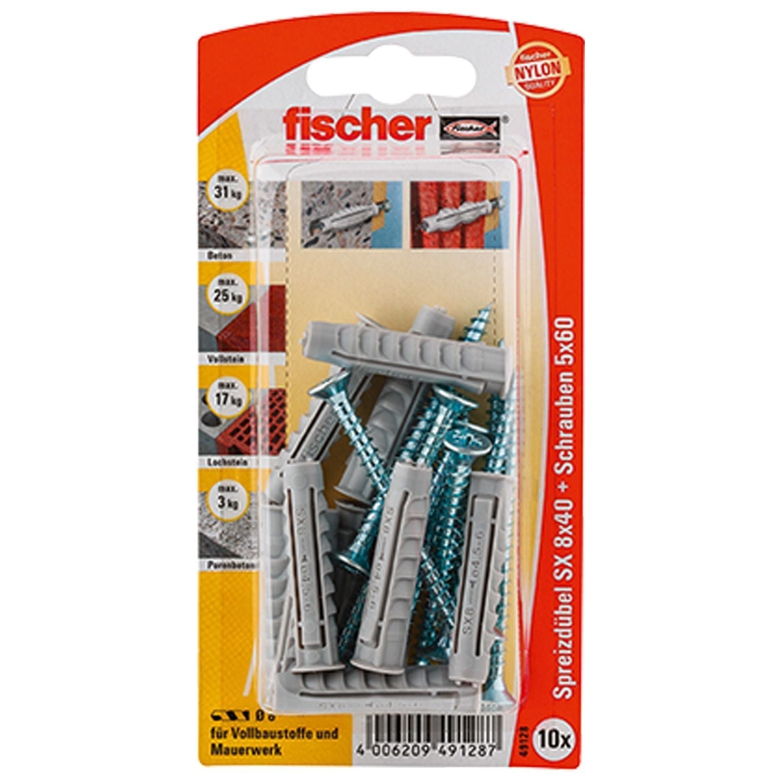 Fischer 10x Dübel SX 8x40 S mit Schraube - 49128 Auslauf
