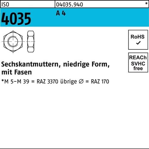Sechskantmutter ISO 4035 niedrig Fasen M20 A 4 10 Stück