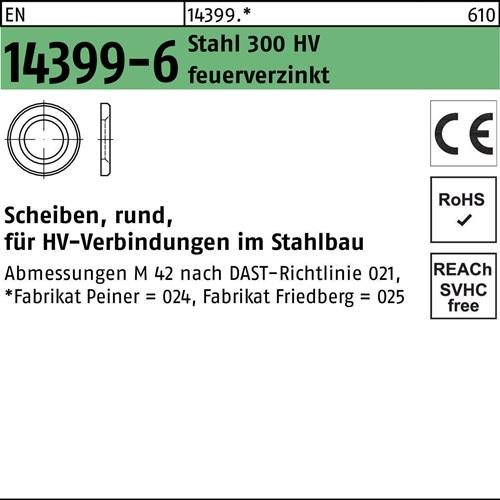 Scheibe EN 14399-6 rund 20 (21x37x4) Stahl 300 HV feuerverz. 1 Stück PEINER