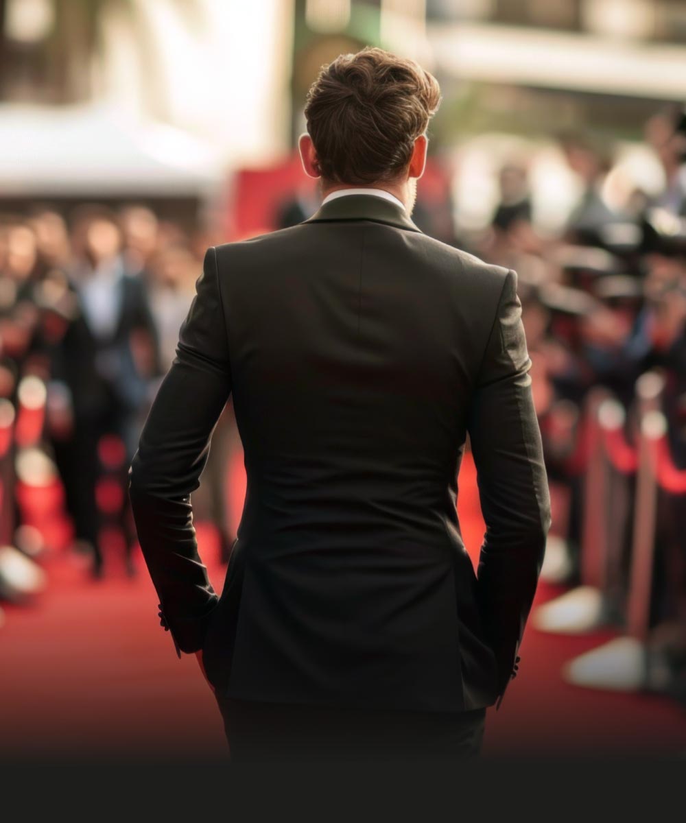 Mann in schwarzem Anzug geht auf rotem Teppich