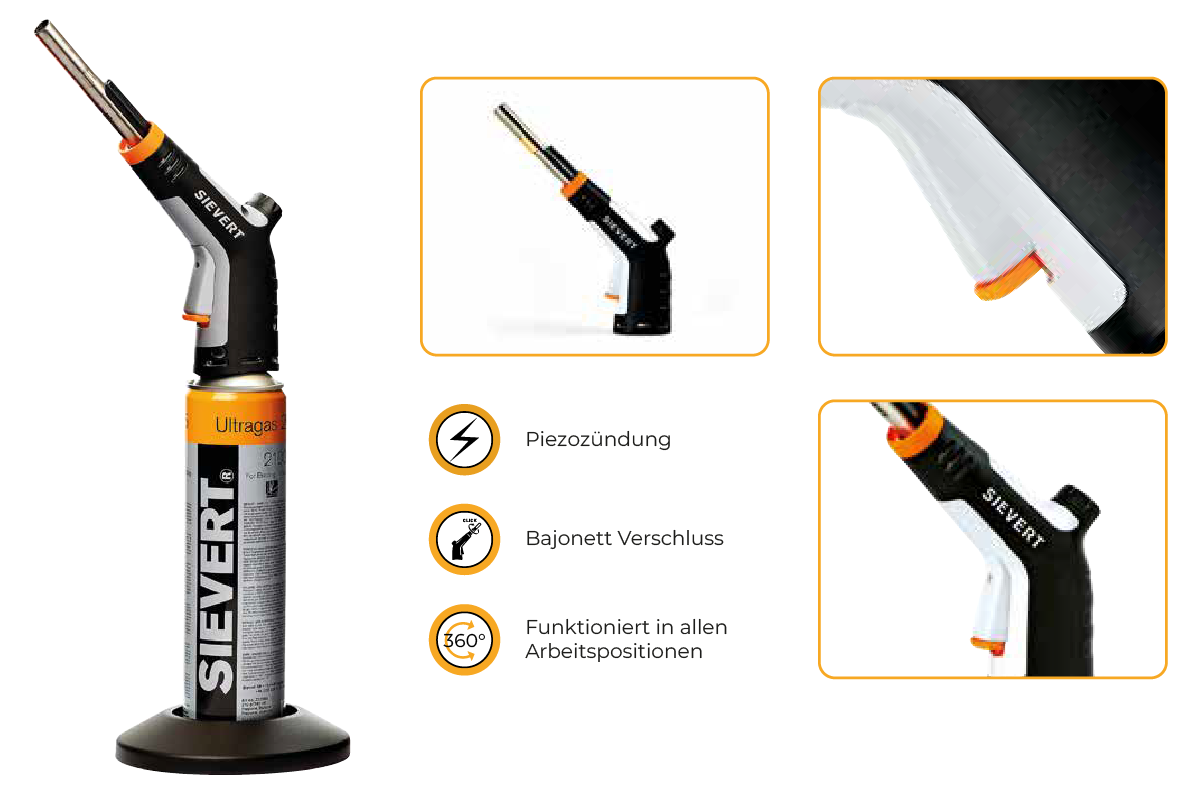 Sievert Gasbrenner mit Piezozündung, Bajonettverschluss und 360° Funktion