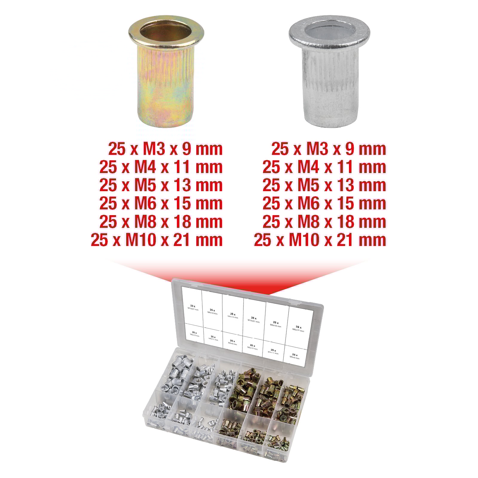 KS TOOLS Sortiment Gewindenieten Stahl und Aluminium M3 x 9 mm - M10 x 21 mm 300tlg. - 970.0630