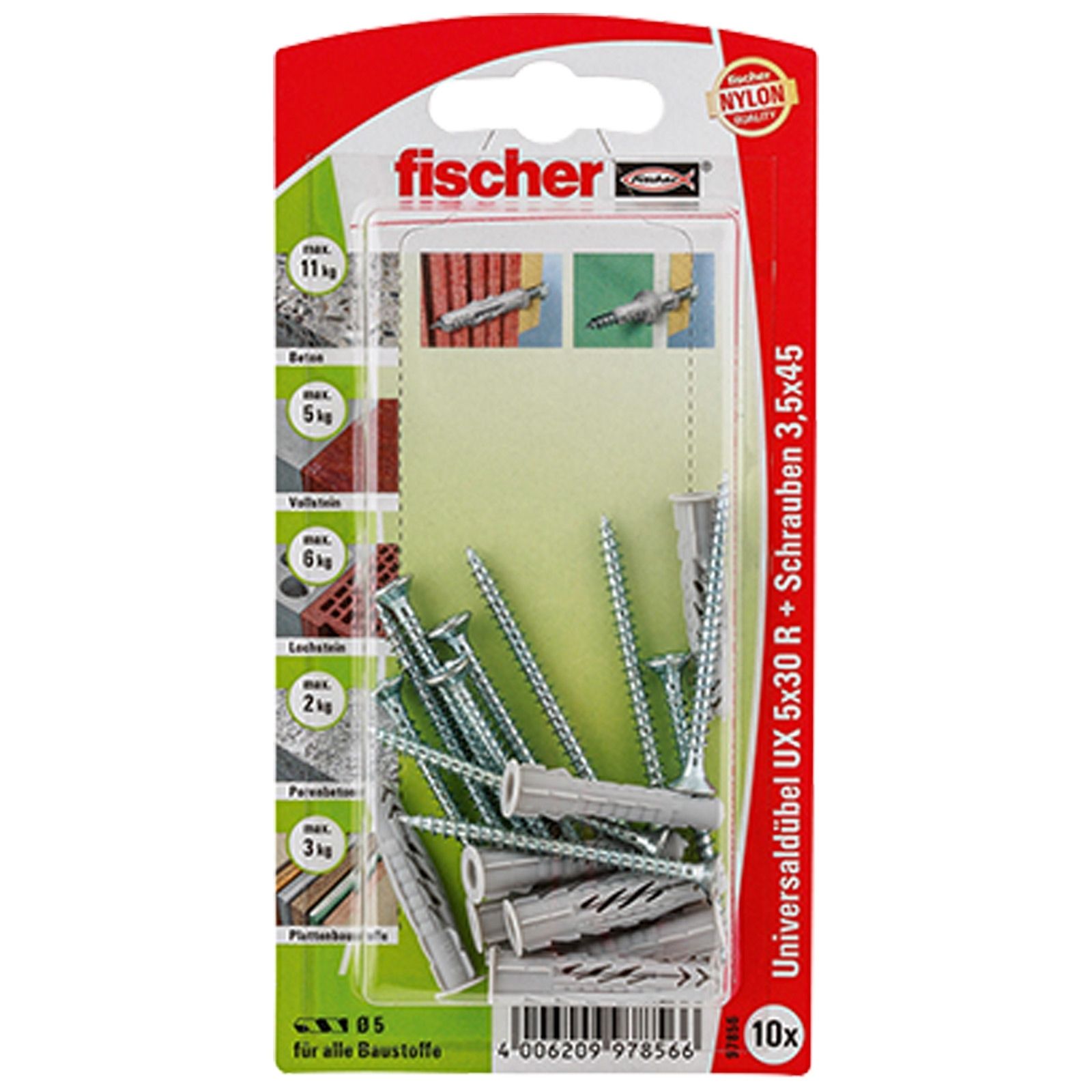 Fischer 10x Universaldübel UX 5x30 R S mit Rand und Schraube - 97856