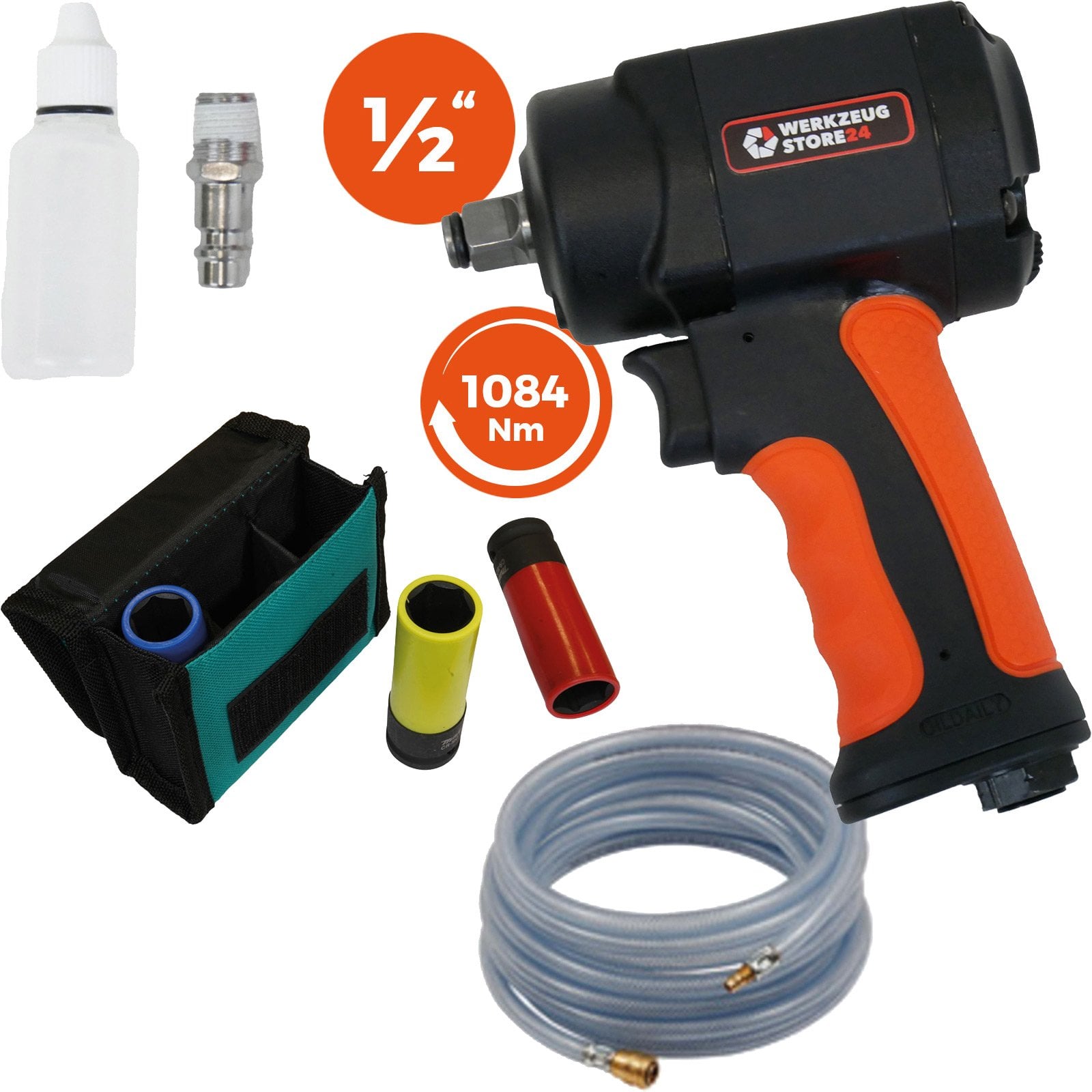 WS24 Druckluft-Schlagschrauber 1/2" mini + PVC-Schlauch + Steckschlüsselsatz