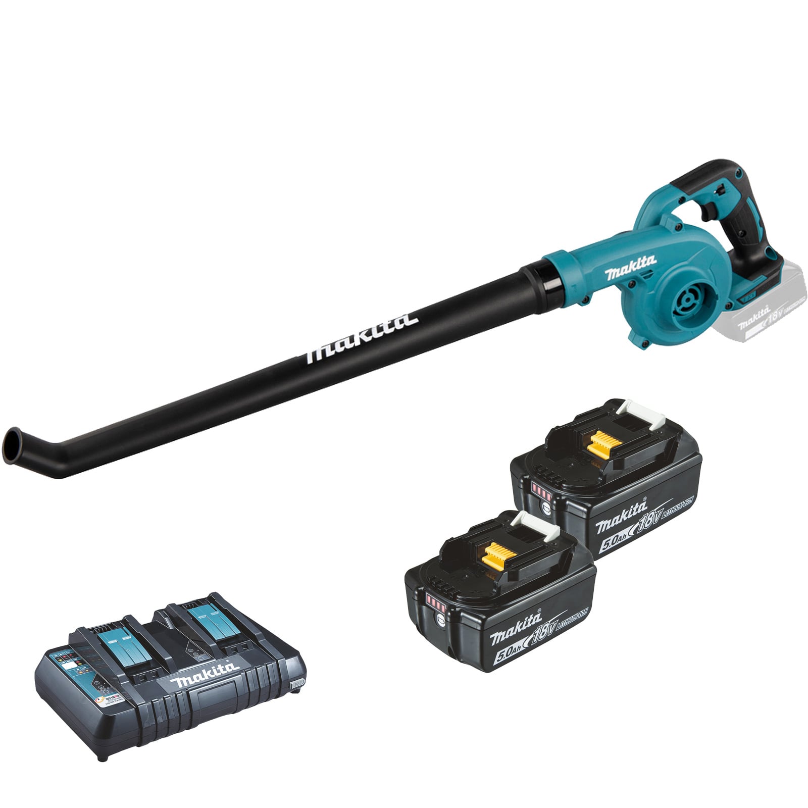 Makita DUB186PTE Akku-Laubbläser 18 V / 2x 5,0 Ah Akku + Doppelladegerät