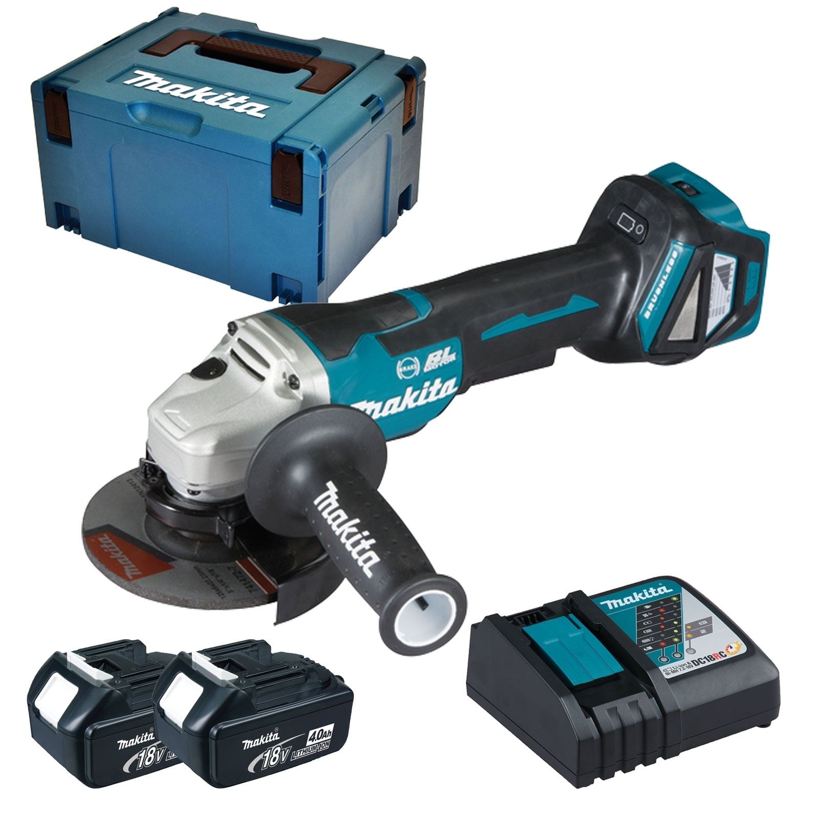 Makita DGA517RMJ Akku-Winkelschleifer Ø 125 mm 18 V / 2x 4,0 Akku + Ladegerät im Makpac