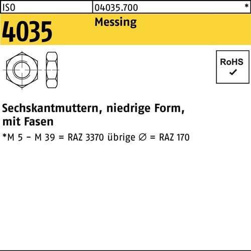 Sechskantmutter ISO 4035 niedrig Fasen M16 Messing 50 Stück