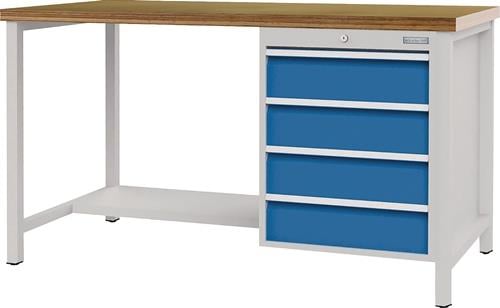 Werkbank signalblau lichtgrau B1500xH859xT750mm Buche Multiplex 40mm 4 Schubl.