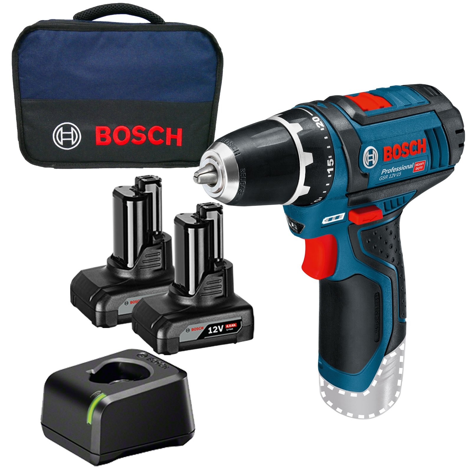 Bosch Akku-Bohrschrauber GSR 12V-15 / 2x 4,0 Ah Akku + Ladegerät im Softbag Bosch Akku-Bohrschrauber GSR 12V-15 / 2x 4,0 Ah Akku + Ladegerät im Softbag