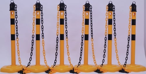 Sperrpfostenset PU gelb/schwarz m.Sechskantfuß D63xH1.000mm 6 Pfosten u.5 Ketten - 12463 SG