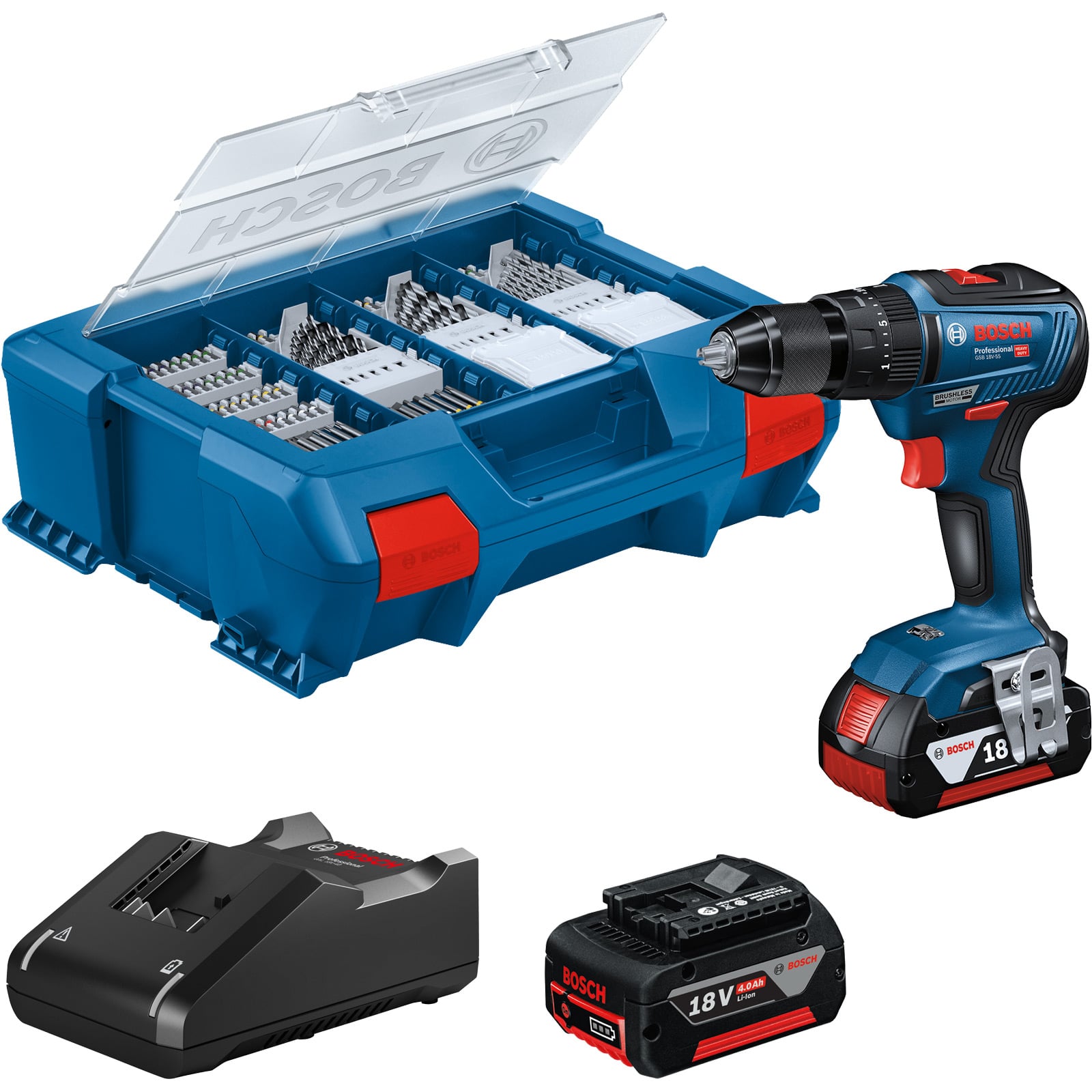 Bosch Akku-Schlagbohrschrauber GSB 18V-55 / 2x 4,0 Ah Akku + Ladegerät in L-Case Pick & Click - 06019H530A