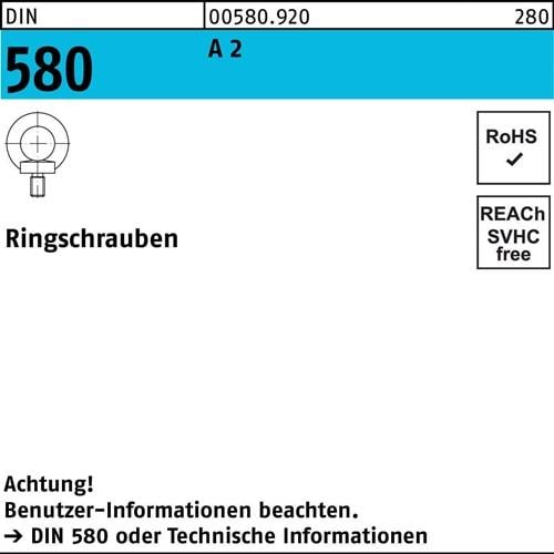 Ringschraube DIN 580 M 16 A 2 Ohne Oberflächenangabe 5 Stück