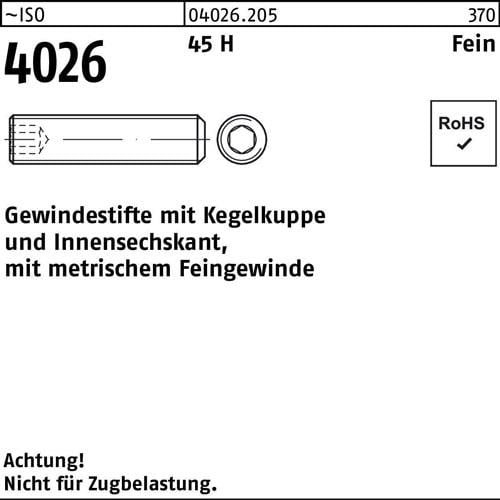 Gewindestift ISO 4026 Kegelkuppe/Innen-6kt M6x 0,75x 8 45 H 1000 Stück