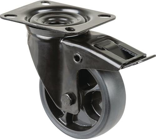 Lenkrolle D.100mm Trgf.110kg m.Festst.Gum.104x80mm schwarz BS ROLLEN