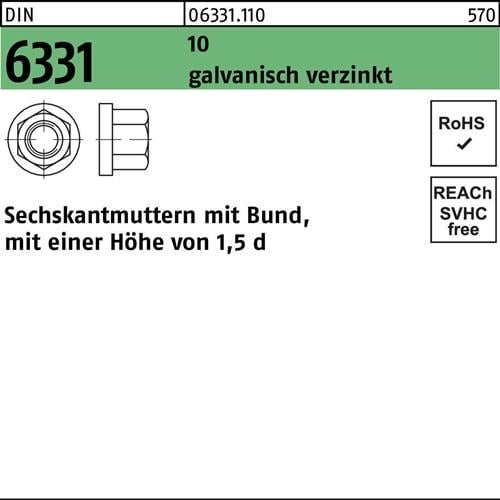 Sechskantmutter DIN 6331 Bund M8 SW 13 10 galv.verz. 50 Stück