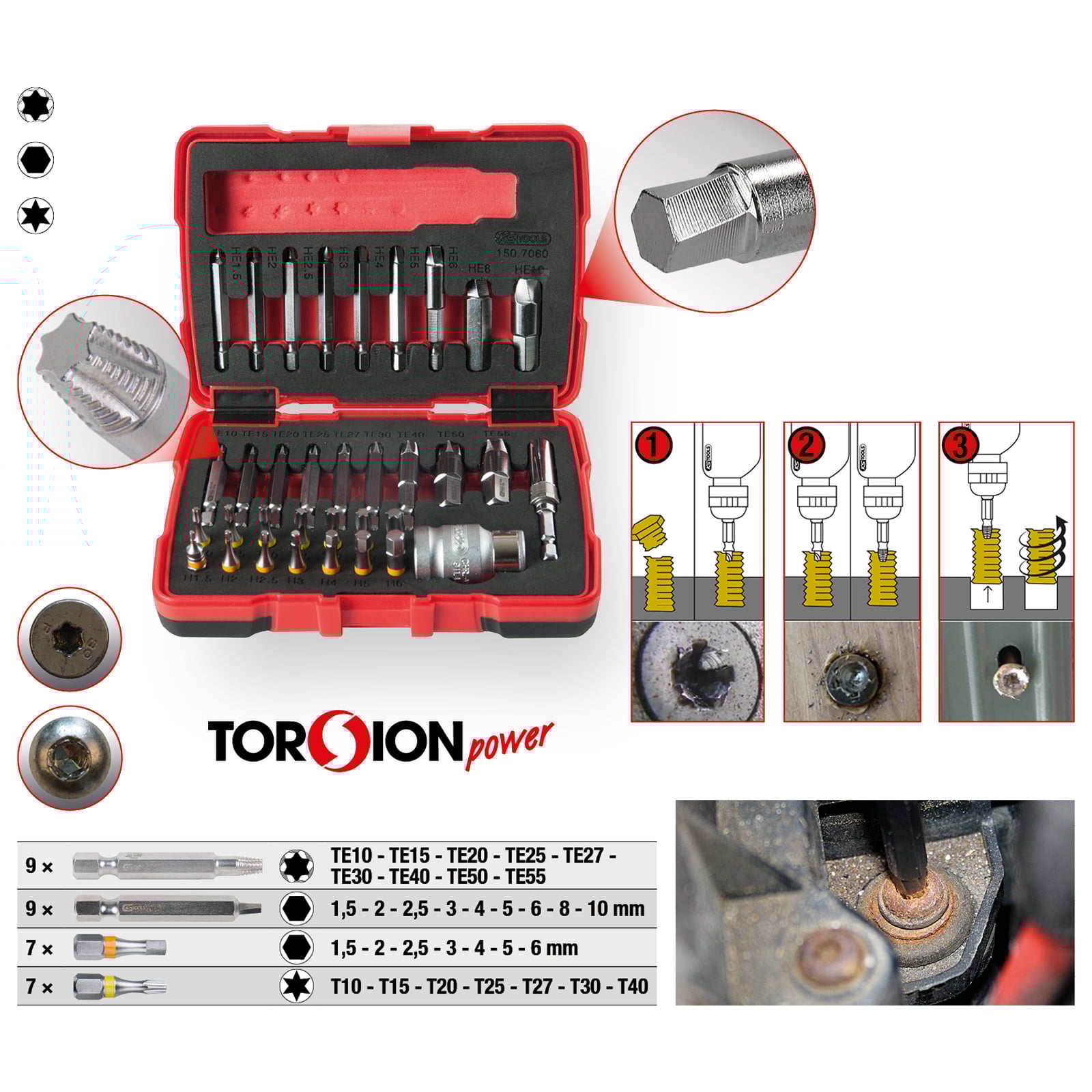 KS TOOLS 1/4" + 10 mm Torx- und Innensechskant-Schrauben-Ausdreher-Satz 34tlg. - 150.7060