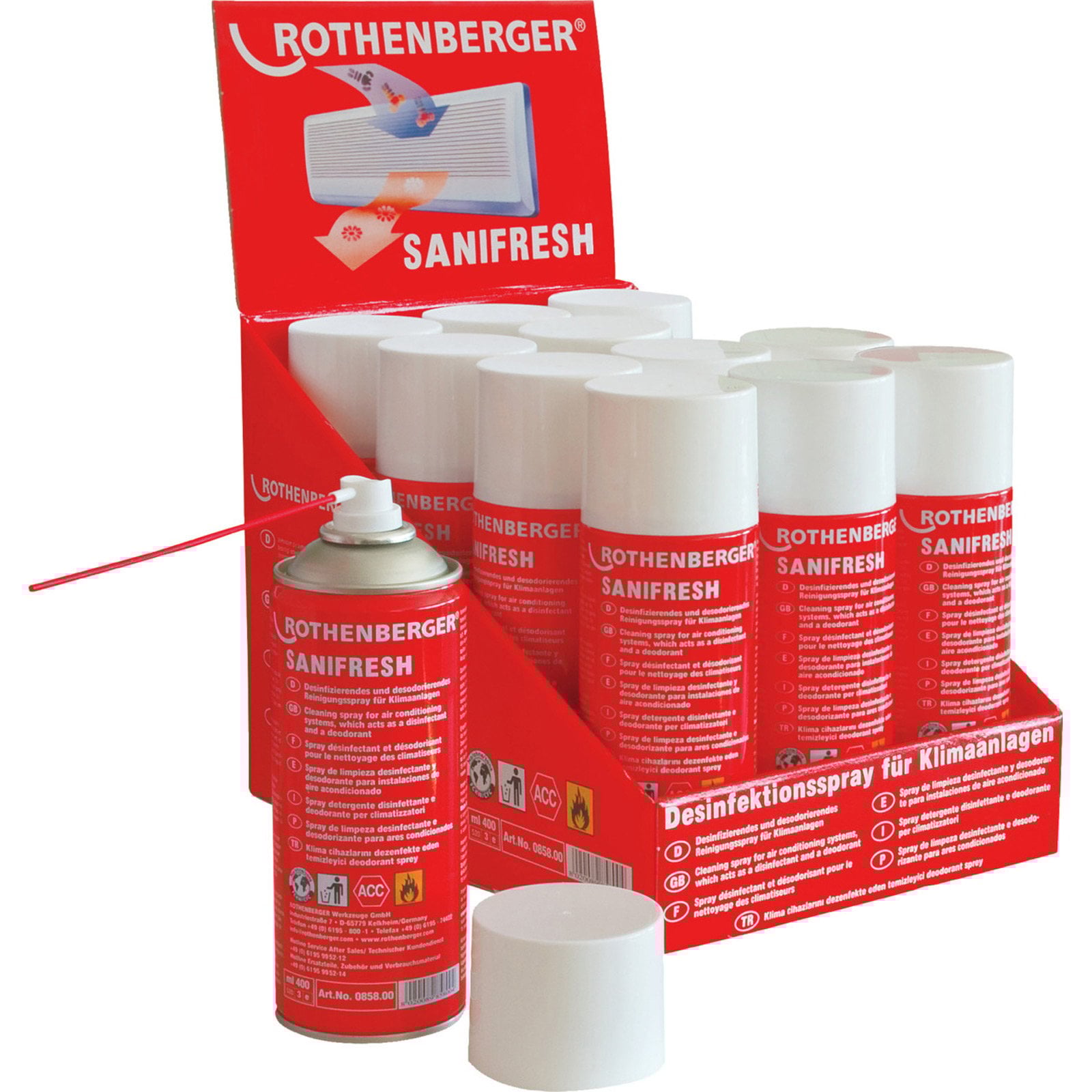 ROTHENBERGER Sanifresh Reinigungsspray Display (12 Flaschen) - 85800
