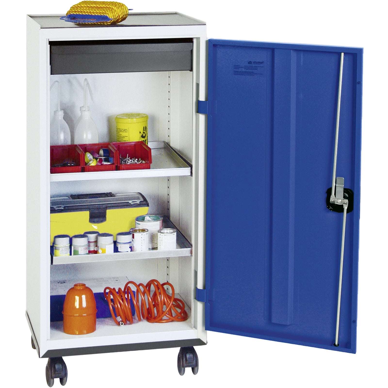 Stumpf Werkzeug- und Materialschrank Serie 3000 lichtgrau / enzianblau + 1 Schublade 100 mm + 2 Auszugsböden Rolluntersatz - 3093174