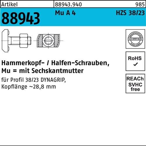 Hammerkopfschraube R 88943 6-ktmutter M16x 80 Mu A 4 25 Stück HALFEN