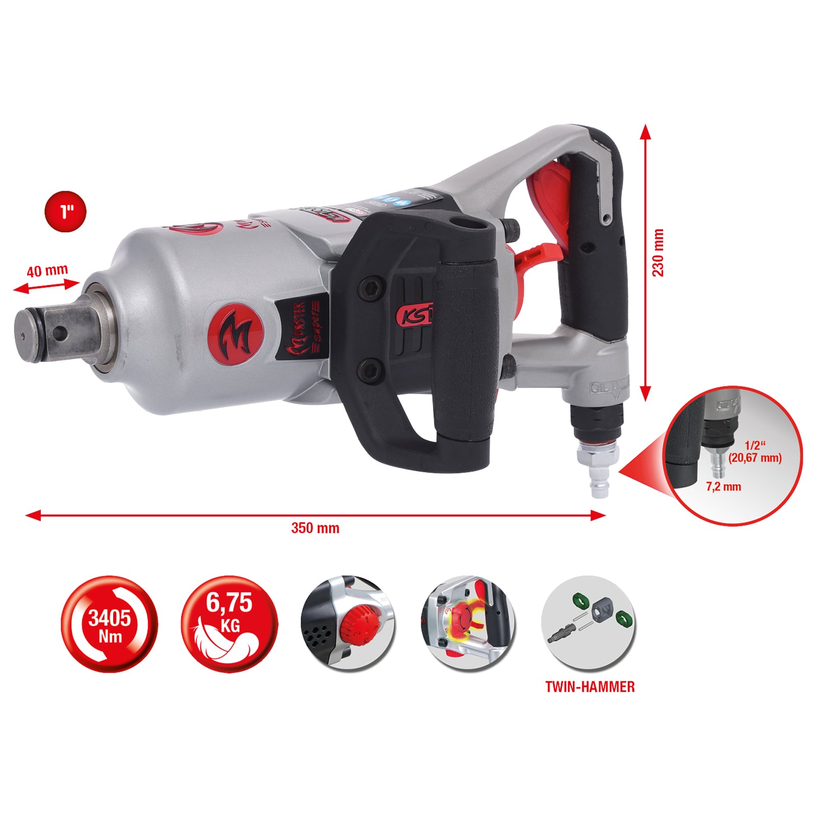 KS TOOLS 1" superMONSTER Hochleistungs-Druckluft-Schlagschrauber 3.405 Nm - 515.3270