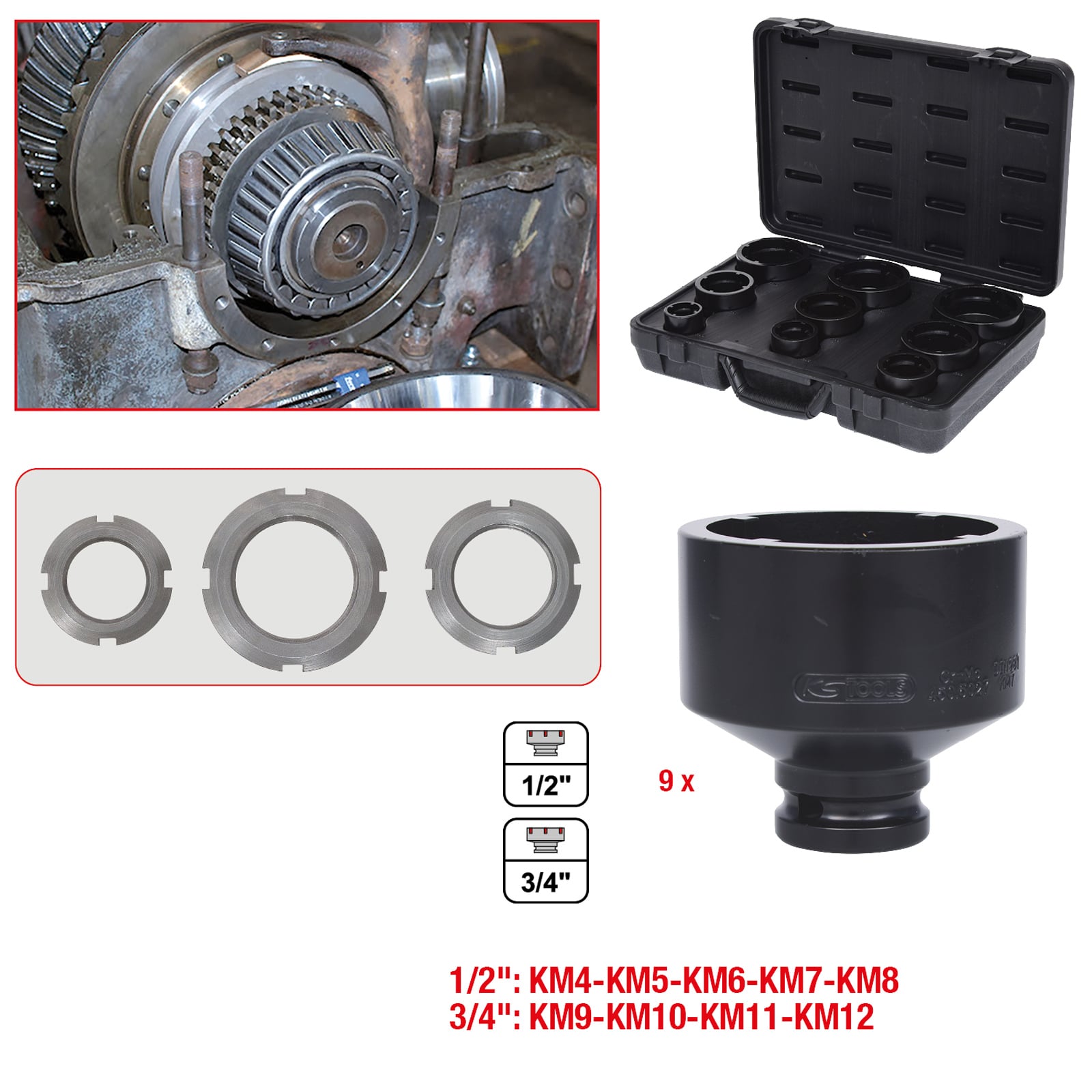 KS TOOLS Nutmuttern-Schlüssel-Satz Zapfen innen liegend 9tlg. - 450.5020