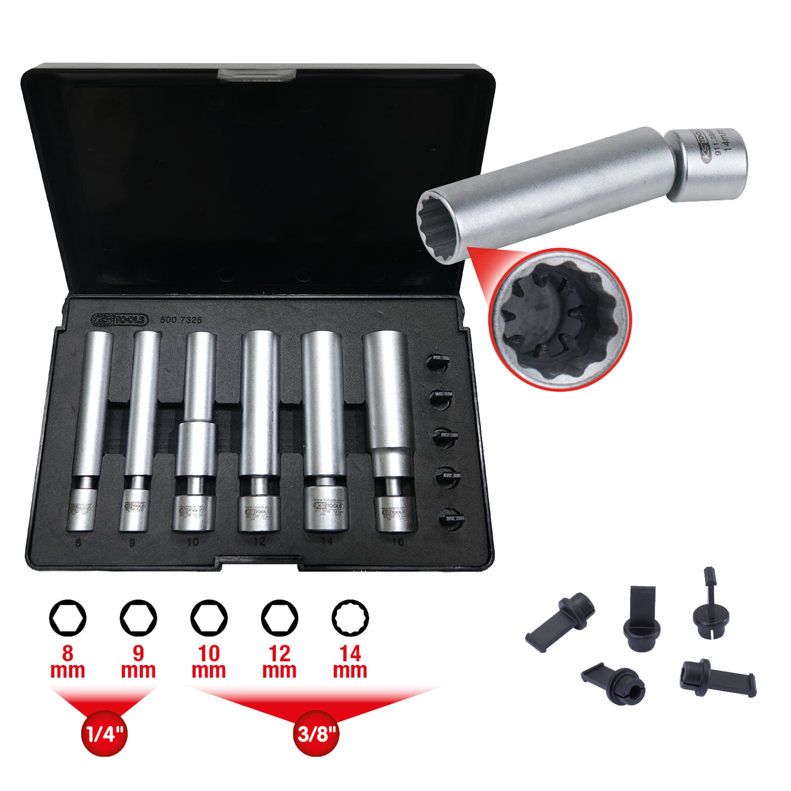 KS TOOLS 1/4" + 3/8" Spezial-Glüh- und Zündkerzen-Stecknuss-Satz mit Gelenk 11tlg. - 500.7325