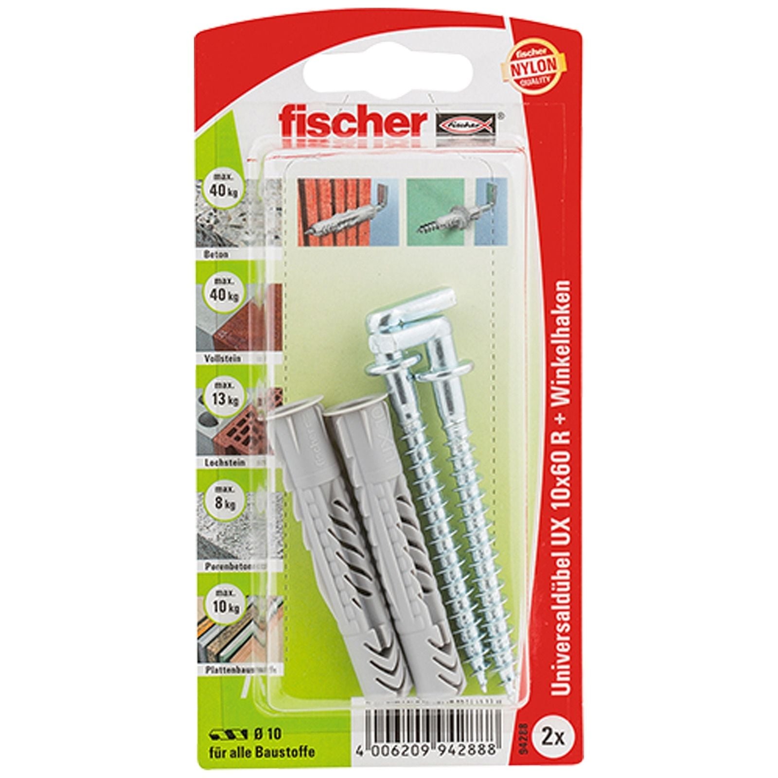 Fischer 2x Universaldübel UX 10x60 R WH mit Winkelhaken - 94288