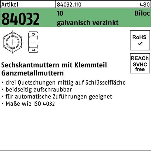 Sechskantmutter R 84032 Biloc Klemmteil M12 10 galv.verz. 500 Stück