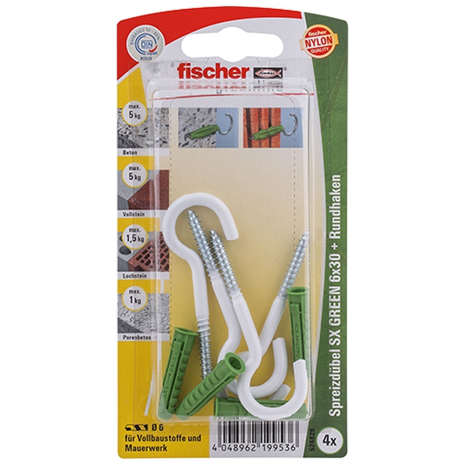 Fischer 4x Spreizdübel SX GREEN 6x30 RH N mit Rundhaken nylonbeschichtet - 524829 Auslauf