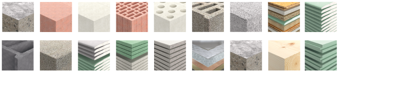 Verschiedene Baustellenmaterialien – Beton, Ziegel, Holz, Gips und mehr