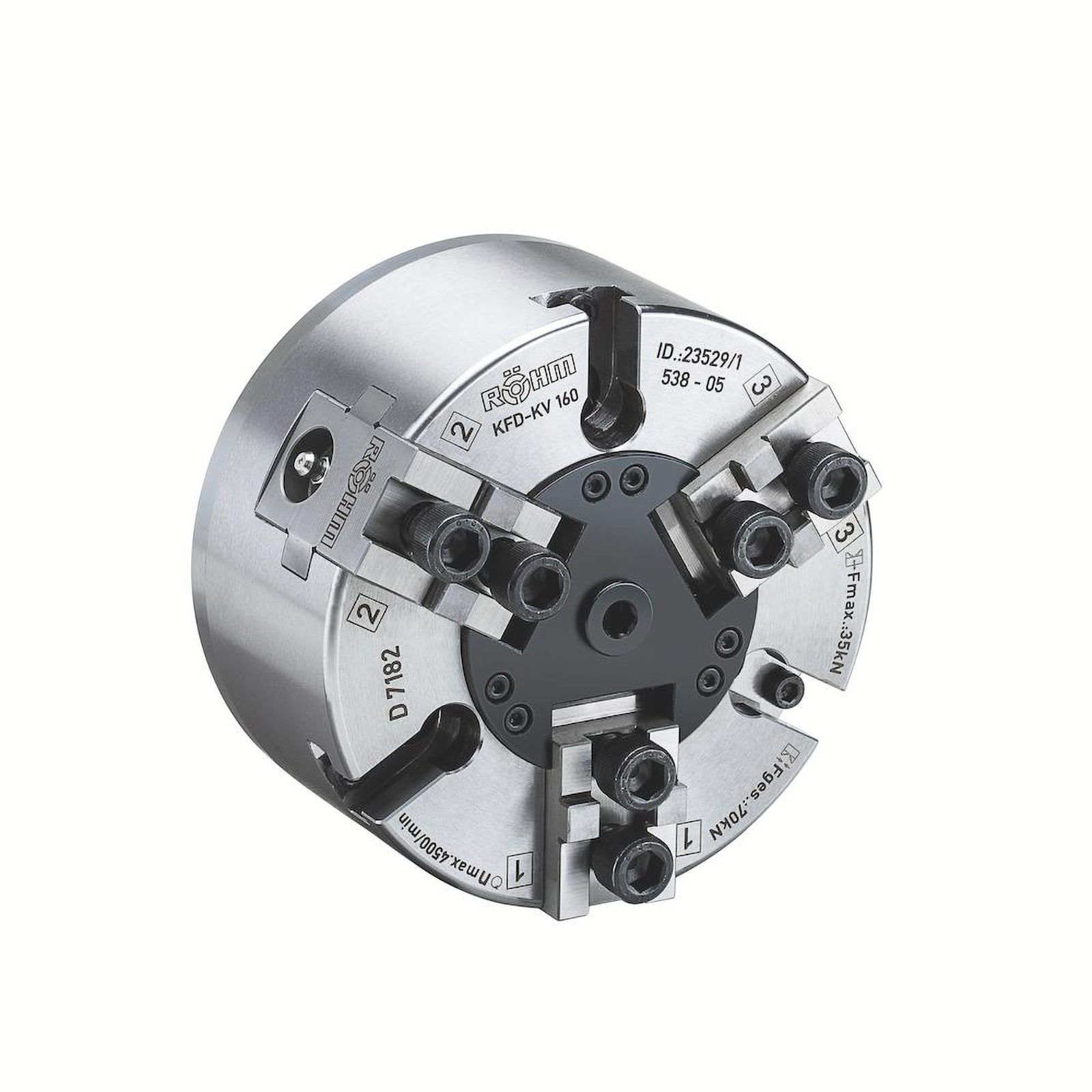 Röhm Kraftspannfutter KFD 85, 3-Backen, mit Kreuzversatz, Zylindrische Zentrieraufnahme - 123110