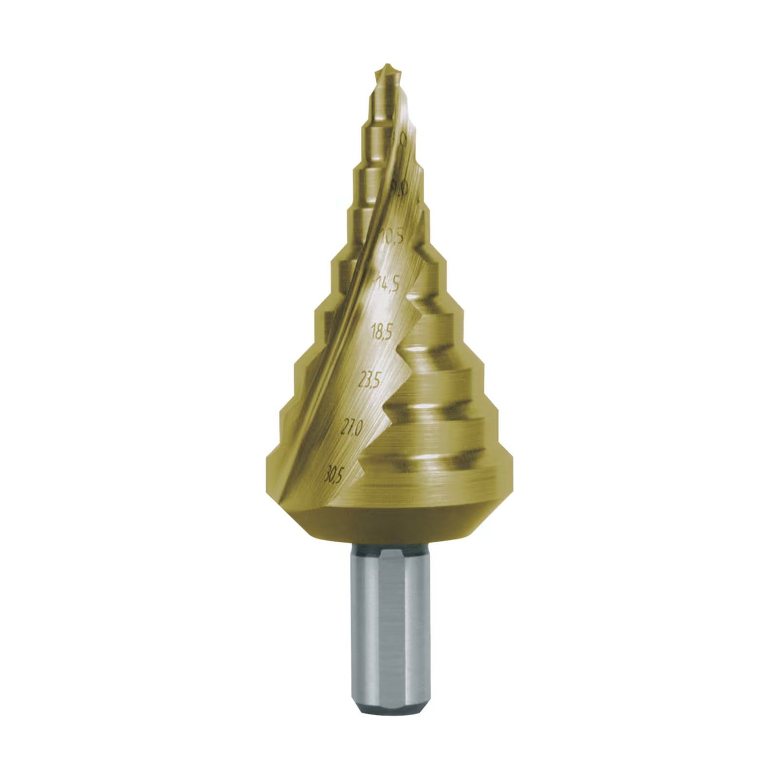 RUKO Stufenbohrer HSS-TiN spiralgenutet mit Kreuzanschliff für metrische Kabelverschraubungen Gr. 14 Ø 5,3 - 30,5 mm - 101093T