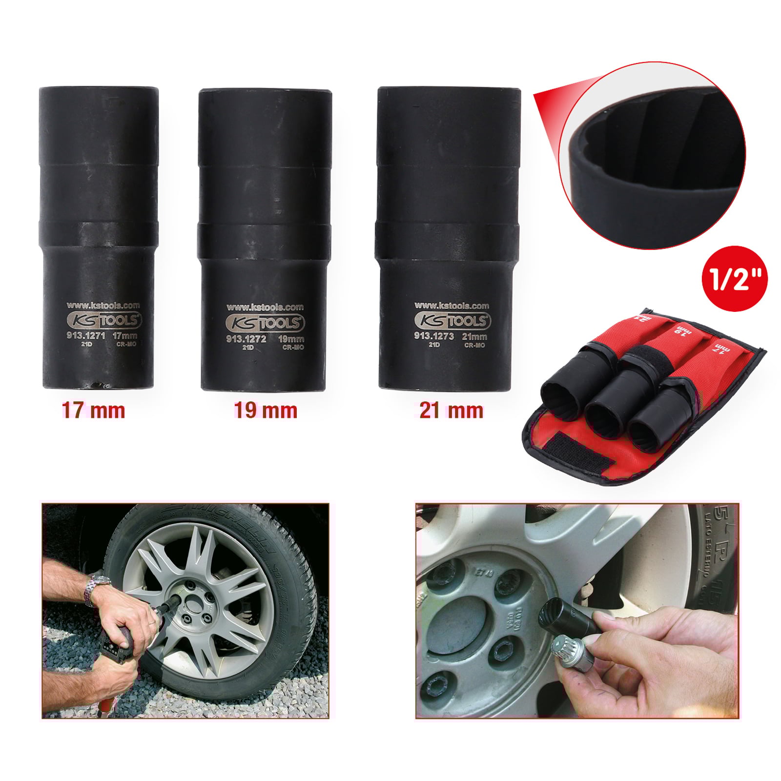 KS TOOLS 1/2" Spiral-Profil-Kraft-Stecknuss-Satz 3tlg. 17 - 21 mm - 913.1270