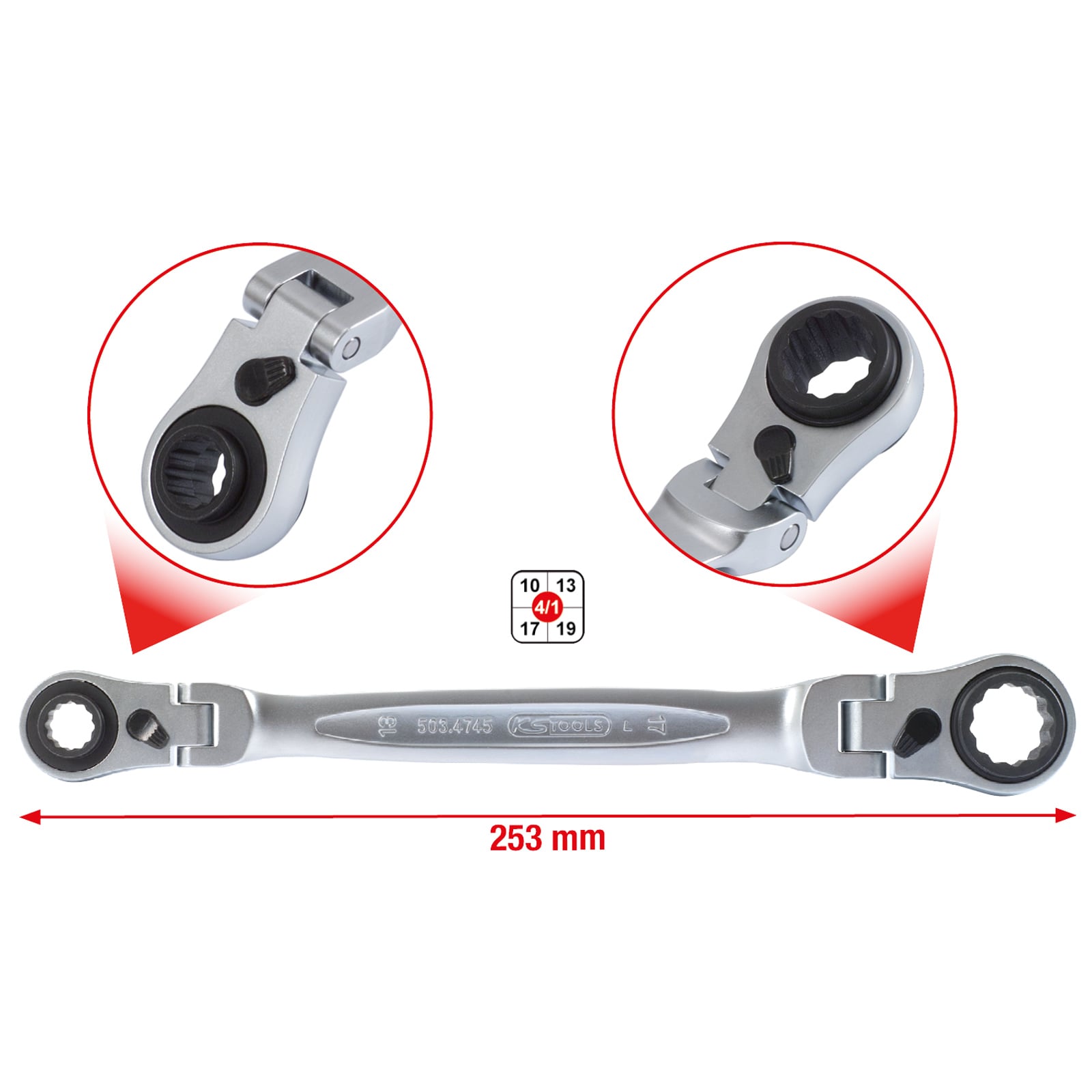 KS TOOLS 4 in 1 GEARplus umschaltbar Gelenk-Doppel-Ringschlüssel 10 x 13 - 17 x 19 mm - 503.4745